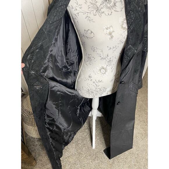 Vintage 80s Outbrook Leather Trench Coat Car Jacket Navajo Tribal Size 2XL - Picture 5 of 10